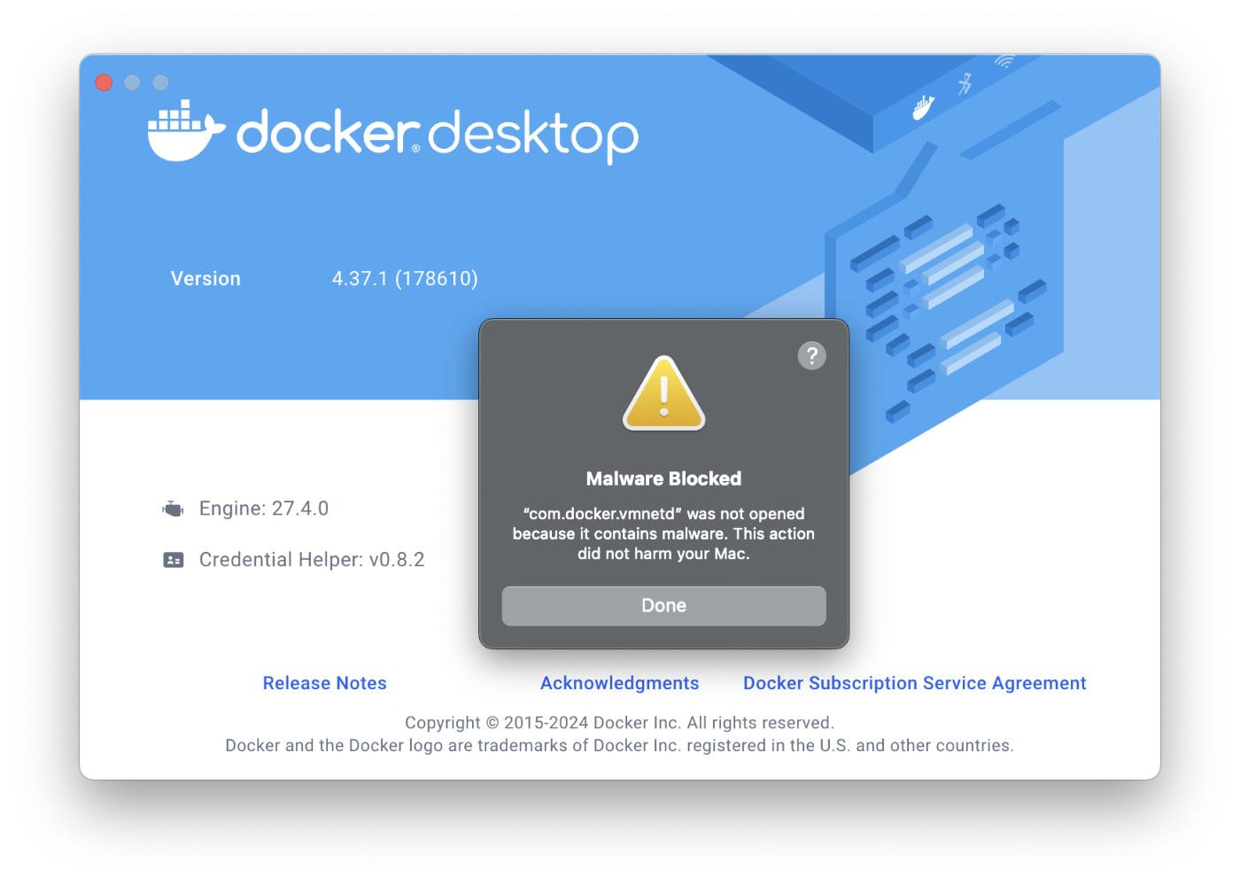 Docker DesktopがmacOSでマルウェア判定、起動できない問題が一部で発生